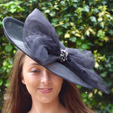 Large Black Sinamay Hat with Oversize Tulle Bow