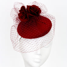 Deep Red Silk Cocktail Hat with Roses and Veiling