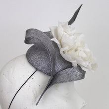 Silver Sinamay Cocktail Hat with handmade Ivory Silk Peony