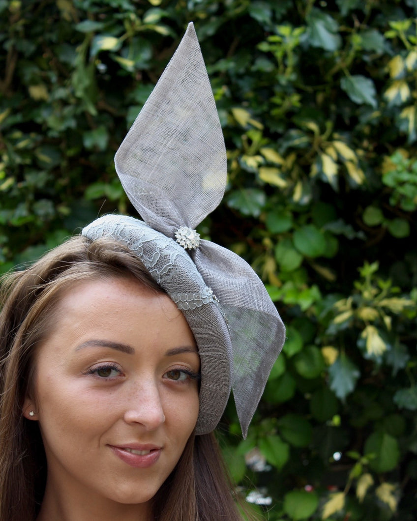 Pewter Grey Bow Cocktail Hat with Swarovski Beaded Lace