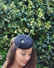 Black Cocktail Hat with Hand Pleated Cockade and Quill