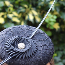 Black Cocktail Hat with Hand Pleated Cockade and Quill