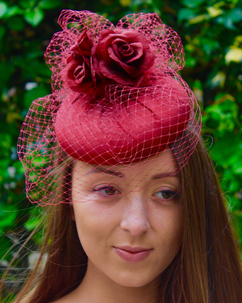 Deep Red Silk Cocktail Hat with Roses and Veiling